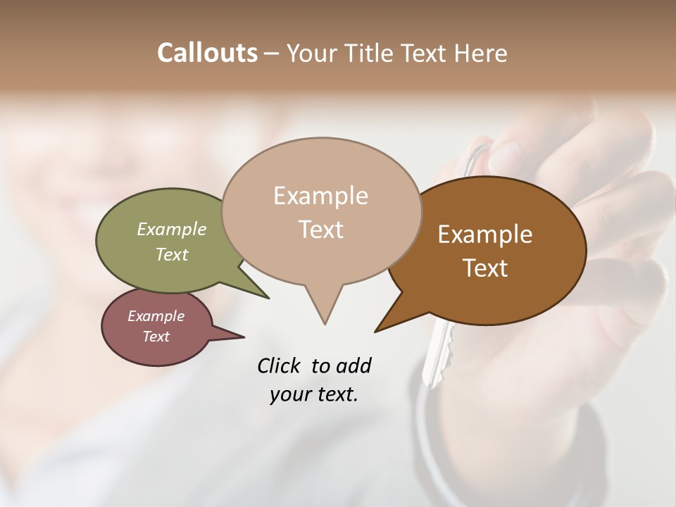 Photo Of Happy Woman├В??S Hand Holding New Key And Pointing It At Camera PowerPoint Template