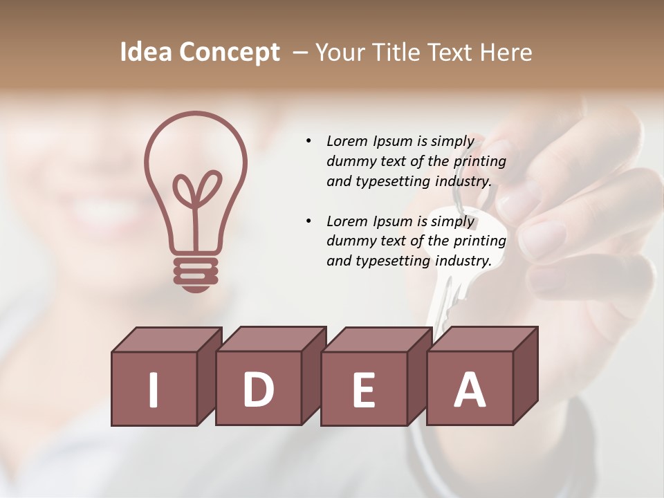 Photo Of Happy Woman├В??S Hand Holding New Key And Pointing It At Camera PowerPoint Template