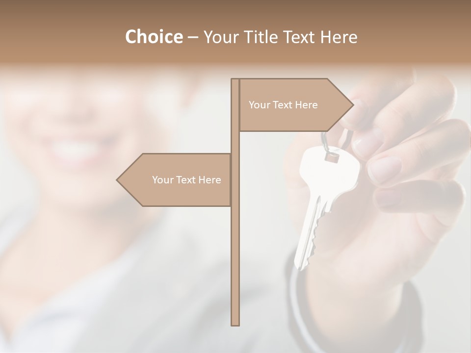 Photo Of Happy Woman├В??S Hand Holding New Key And Pointing It At Camera PowerPoint Template