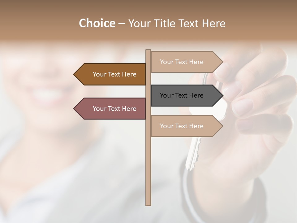 Photo Of Happy Woman├В??S Hand Holding New Key And Pointing It At Camera PowerPoint Template