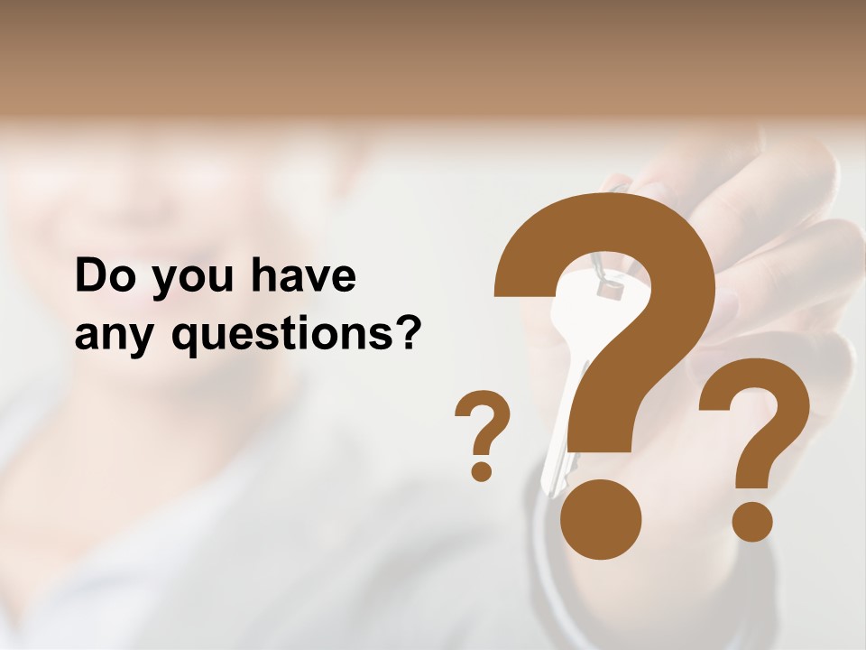 Photo Of Happy Woman├В??S Hand Holding New Key And Pointing It At Camera PowerPoint Template