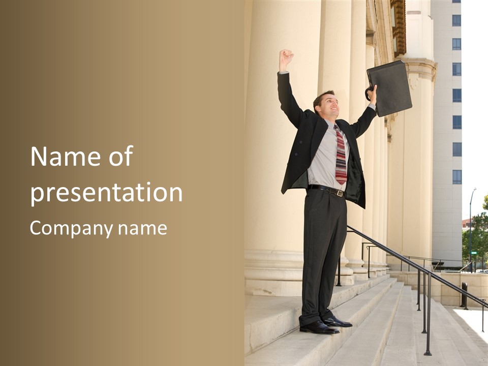 Attorney Standing On The Courthouse Steps With Both Arms Raised In A Gesture Of Victory PowerPoint Template