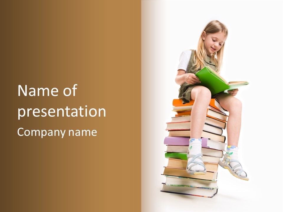 Image Of Schoolgirl Sitting On The Heap Of Books And Reading One Of Them PowerPoint Template