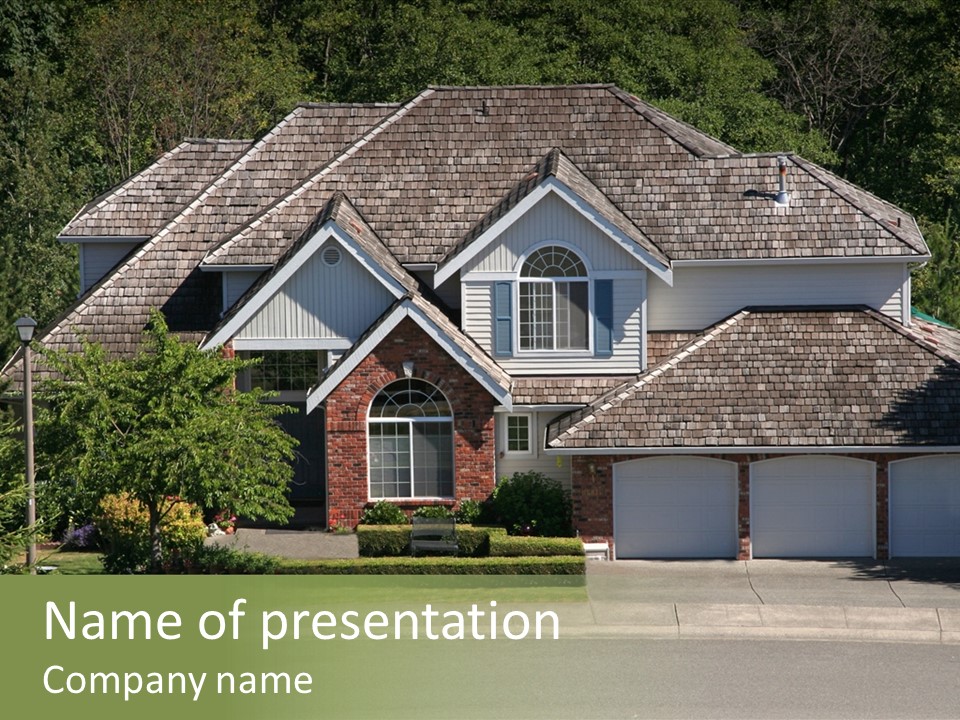 Nice Two-Story Three-Garage House Amidst Green Vegetation. "Dream Home" From Real-Estate Viewpoint. PowerPoint Template