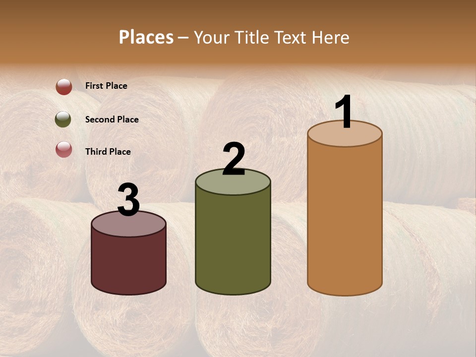 Close Up Stacked Up Large Freshly Baled Round Hay Bales. Gold And Green In Color. PowerPoint Template