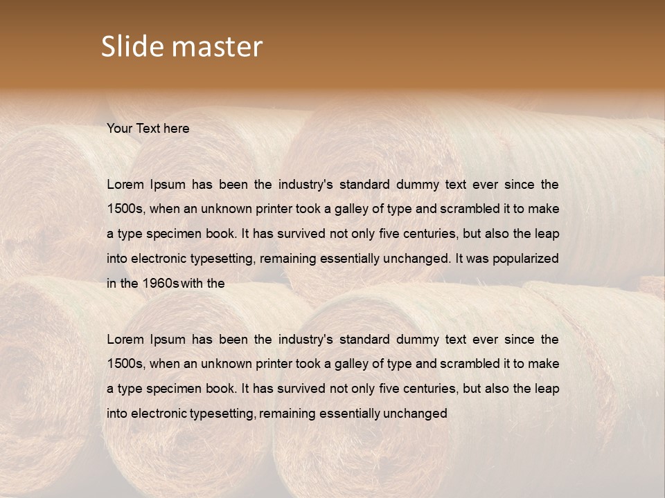 Close Up Stacked Up Large Freshly Baled Round Hay Bales. Gold And Green In Color. PowerPoint Template