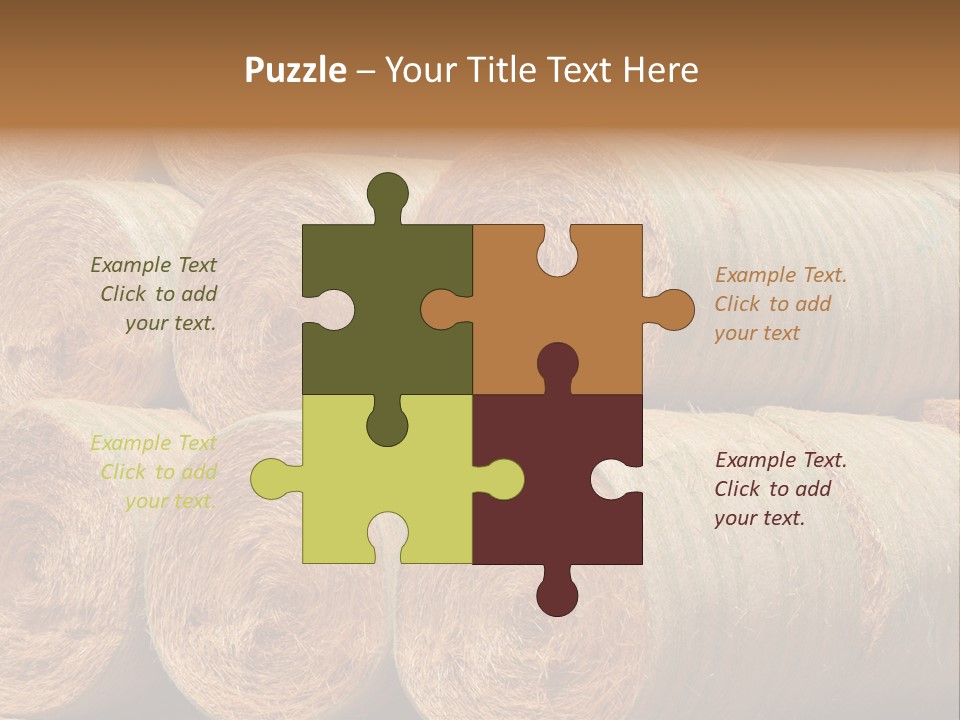 Close Up Stacked Up Large Freshly Baled Round Hay Bales. Gold And Green In Color. PowerPoint Template