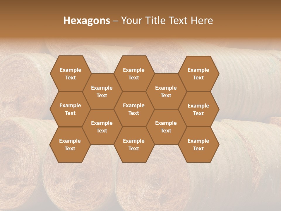 Close Up Stacked Up Large Freshly Baled Round Hay Bales. Gold And Green In Color. PowerPoint Template