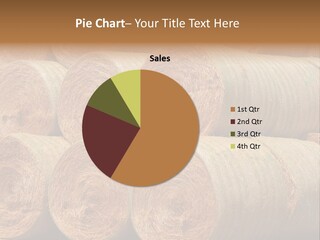 Close Up Stacked Up Large Freshly Baled Round Hay Bales. Gold And Green In Color. PowerPoint Template