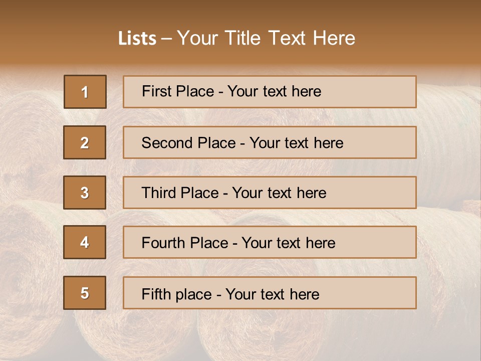 Close Up Stacked Up Large Freshly Baled Round Hay Bales. Gold And Green In Color. PowerPoint Template