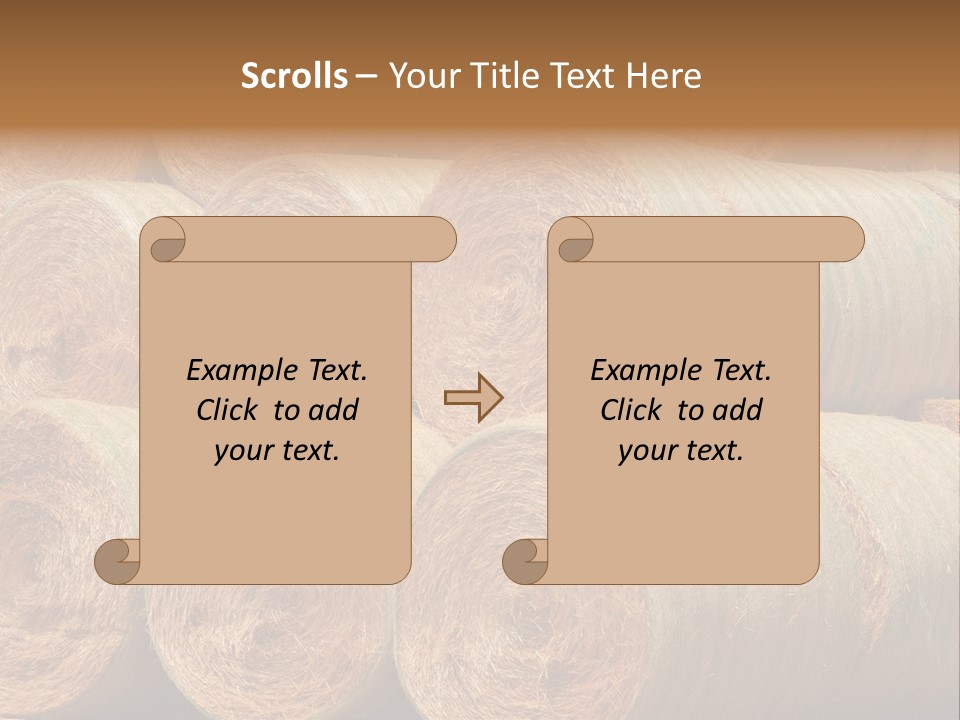 Close Up Stacked Up Large Freshly Baled Round Hay Bales. Gold And Green In Color. PowerPoint Template