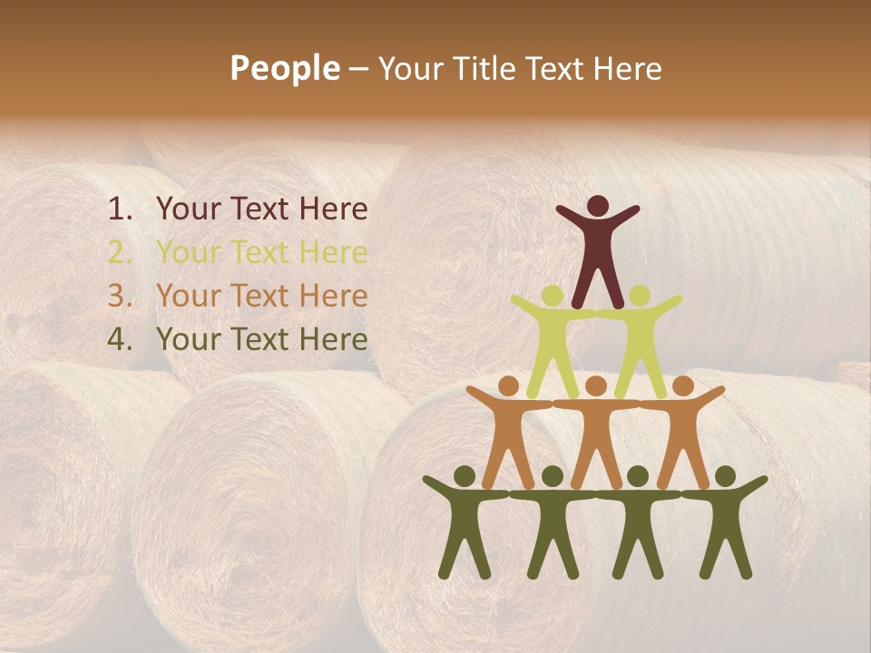 Close Up Stacked Up Large Freshly Baled Round Hay Bales. Gold And Green In Color. PowerPoint Template