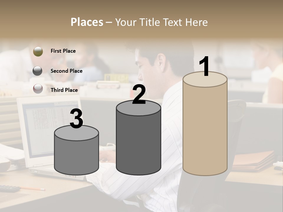 Businessman In Cubicle Using Laptop PowerPoint Template