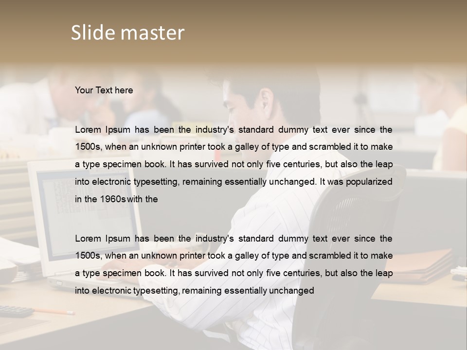 Businessman In Cubicle Using Laptop PowerPoint Template