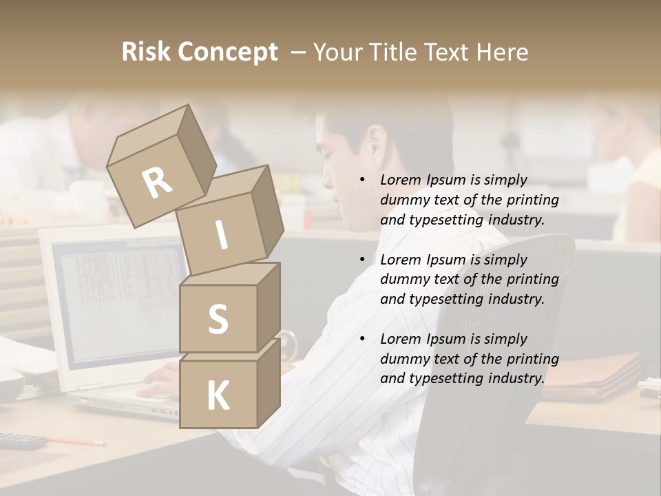 Businessman In Cubicle Using Laptop PowerPoint Template