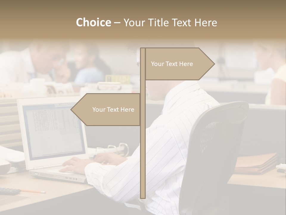 Businessman In Cubicle Using Laptop PowerPoint Template