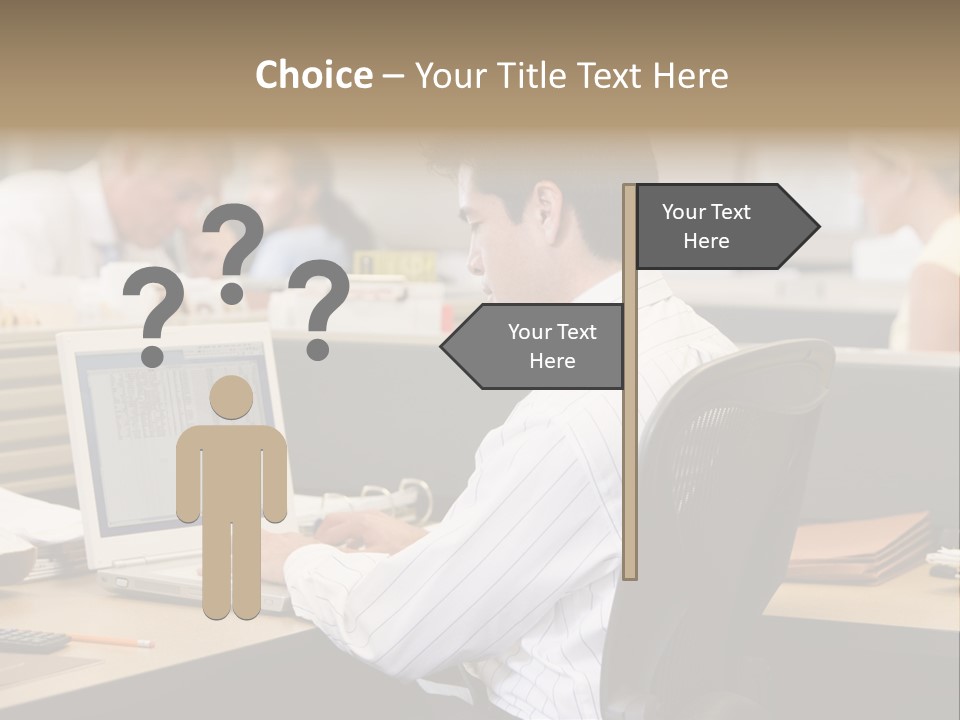 Businessman In Cubicle Using Laptop PowerPoint Template