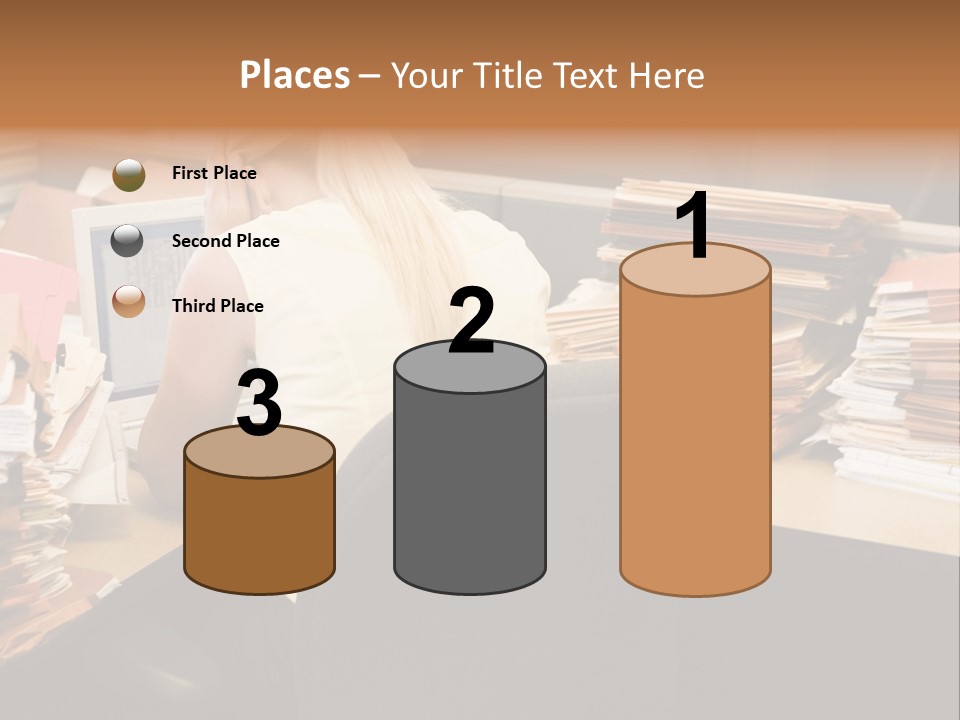 Businesswoman In Cubicle With Laptop And Stacks Of Files PowerPoint Template