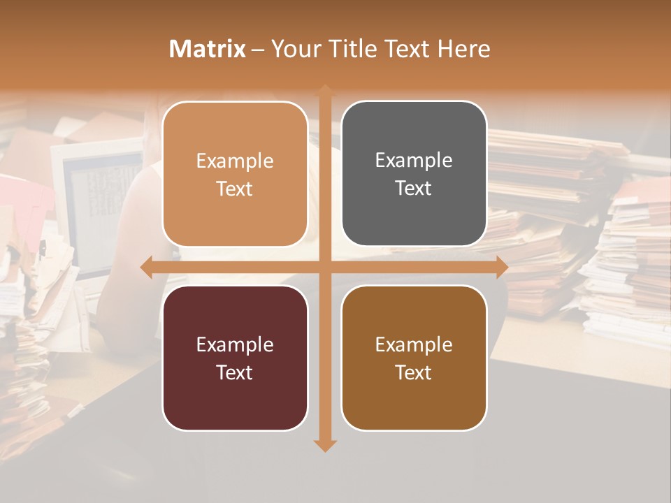 Businesswoman In Cubicle With Laptop And Stacks Of Files PowerPoint Template