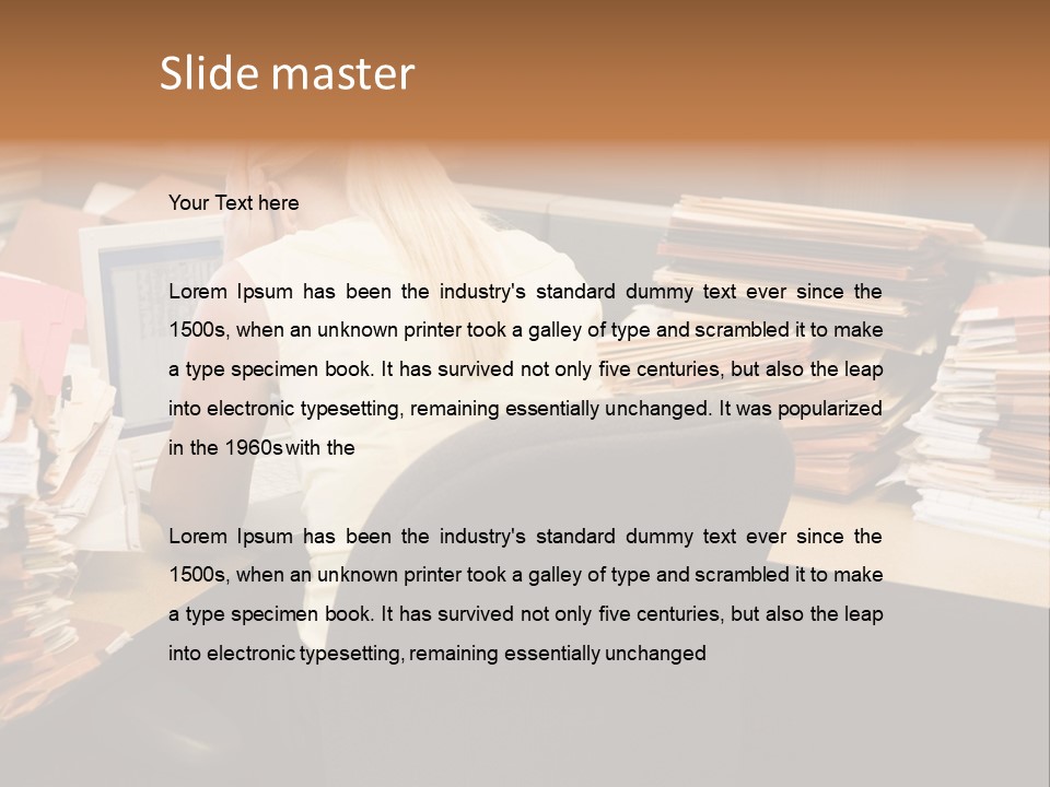 Businesswoman In Cubicle With Laptop And Stacks Of Files PowerPoint Template