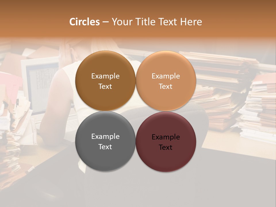 Businesswoman In Cubicle With Laptop And Stacks Of Files PowerPoint Template