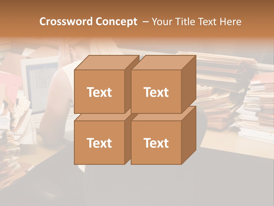 Businesswoman In Cubicle With Laptop And Stacks Of Files PowerPoint Template