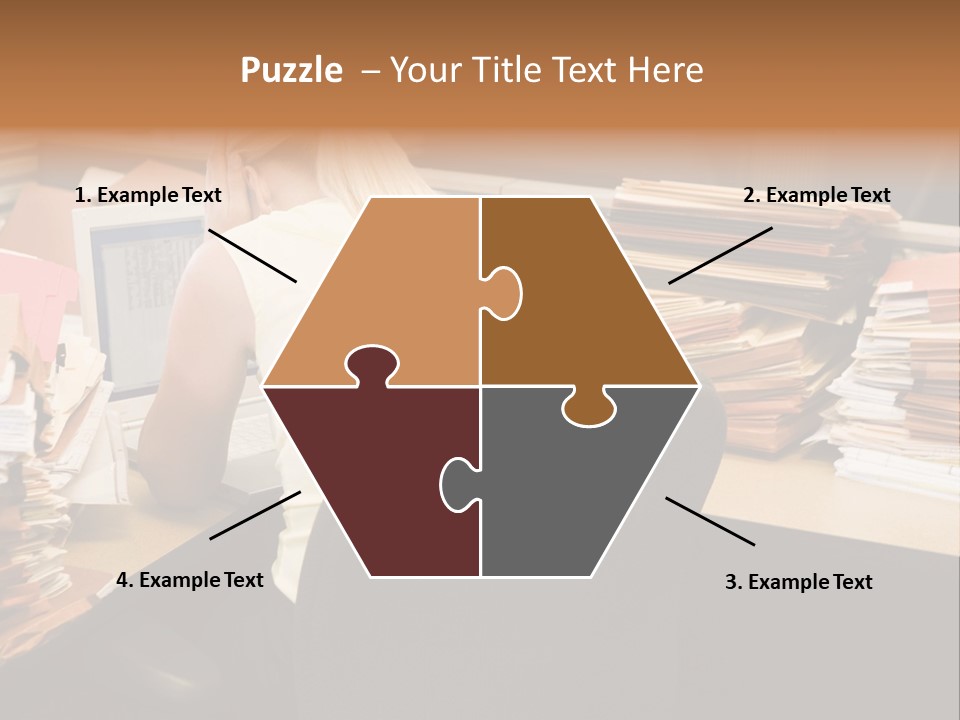 Businesswoman In Cubicle With Laptop And Stacks Of Files PowerPoint Template