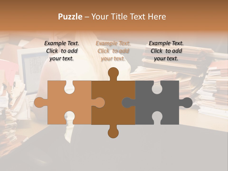 Businesswoman In Cubicle With Laptop And Stacks Of Files PowerPoint Template