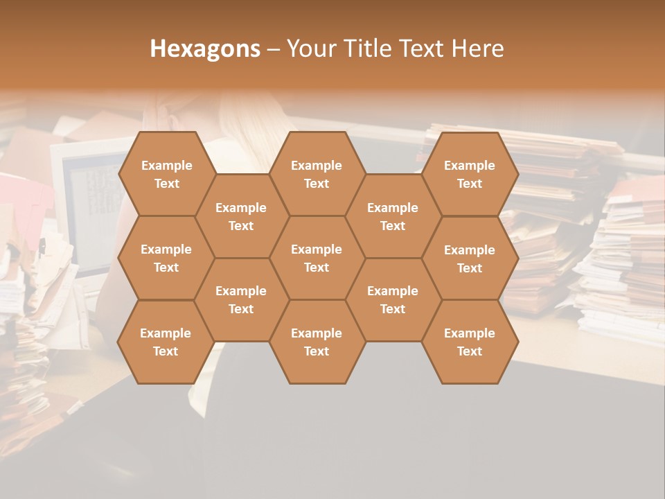 Businesswoman In Cubicle With Laptop And Stacks Of Files PowerPoint Template