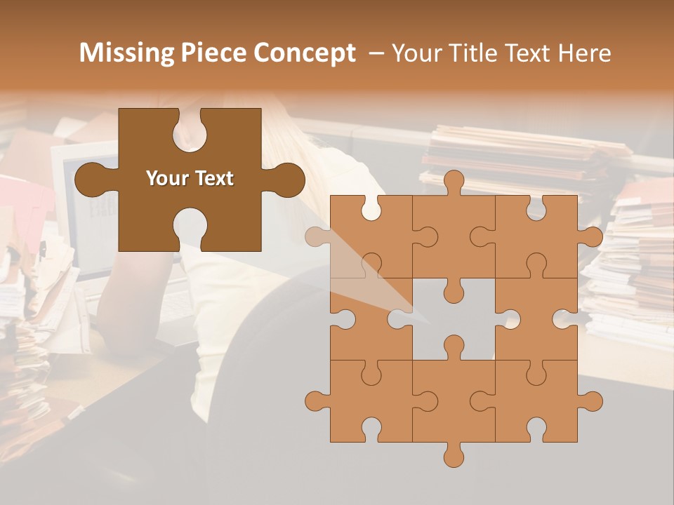 Businesswoman In Cubicle With Laptop And Stacks Of Files PowerPoint Template