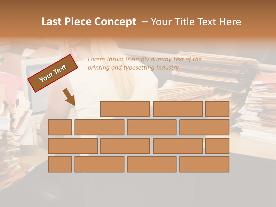 Businesswoman In Cubicle With Laptop And Stacks Of Files PowerPoint Template