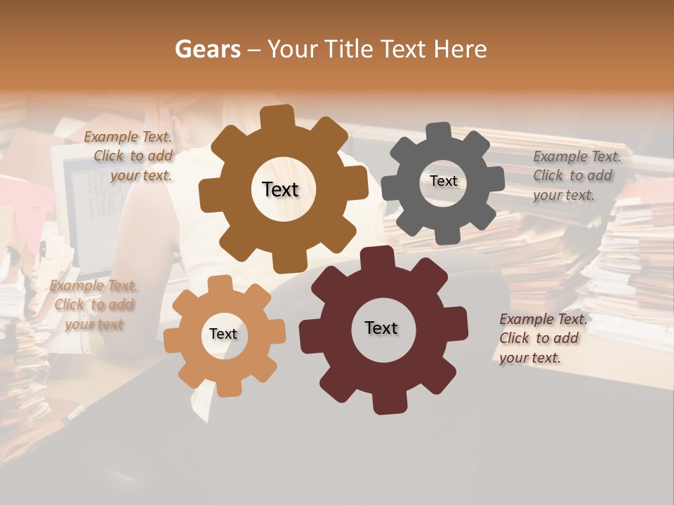 Businesswoman In Cubicle With Laptop And Stacks Of Files PowerPoint Template