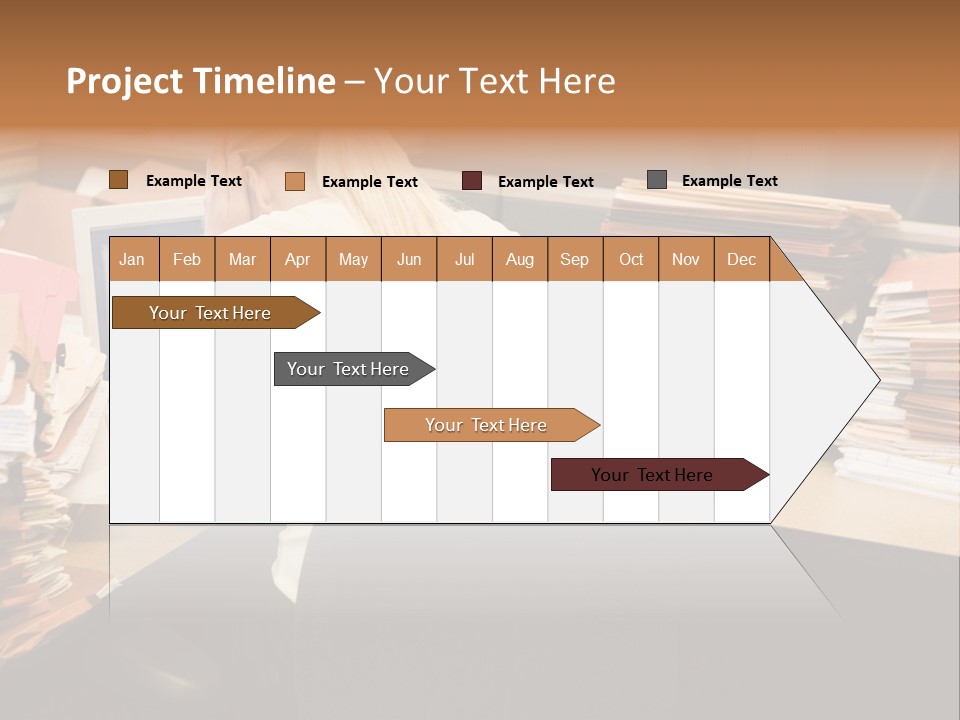 Businesswoman In Cubicle With Laptop And Stacks Of Files PowerPoint Template