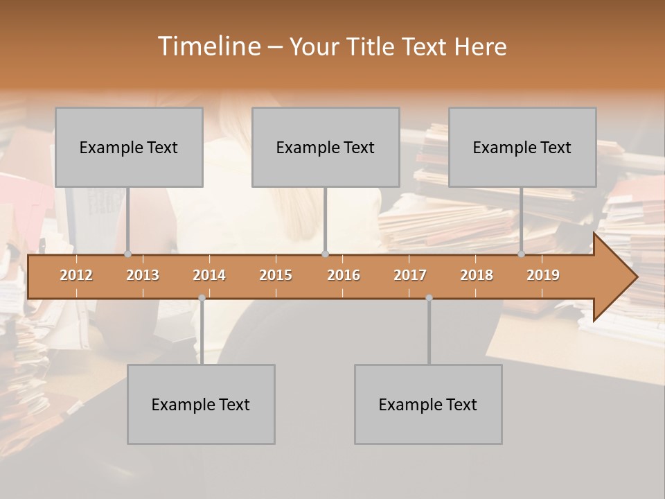 Businesswoman In Cubicle With Laptop And Stacks Of Files PowerPoint Template