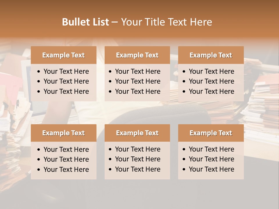 Businesswoman In Cubicle With Laptop And Stacks Of Files PowerPoint Template