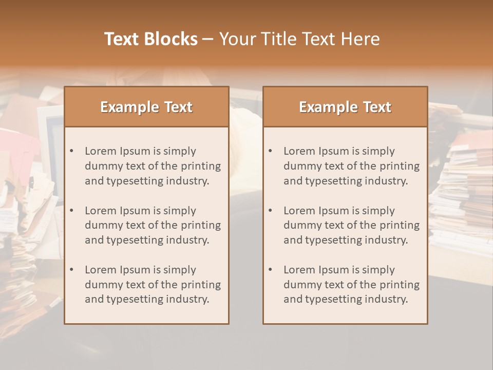 Businesswoman In Cubicle With Laptop And Stacks Of Files PowerPoint Template