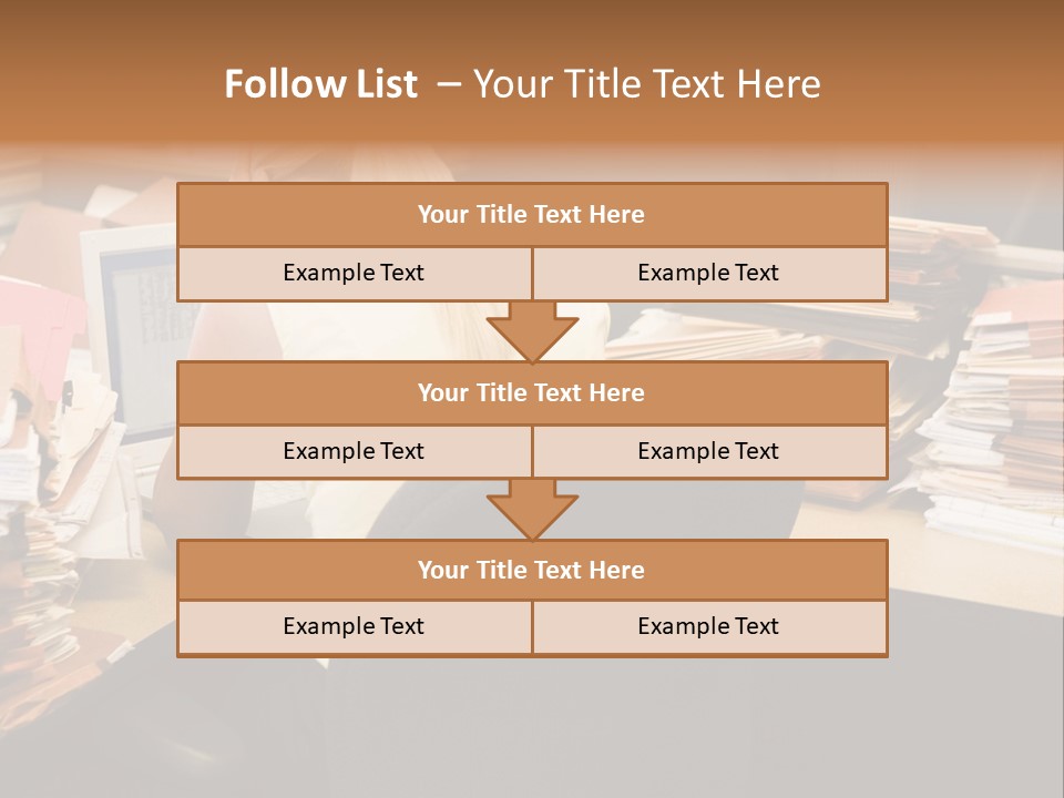 Businesswoman In Cubicle With Laptop And Stacks Of Files PowerPoint Template