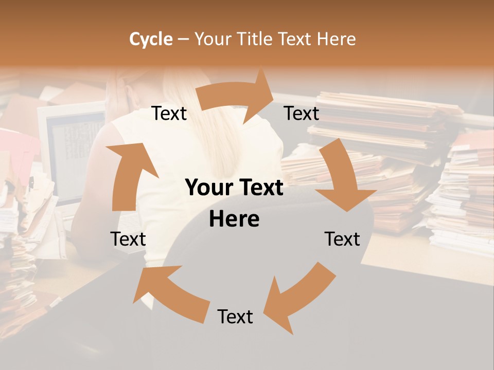 Businesswoman In Cubicle With Laptop And Stacks Of Files PowerPoint Template