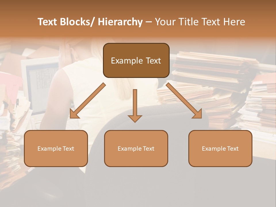Businesswoman In Cubicle With Laptop And Stacks Of Files PowerPoint Template