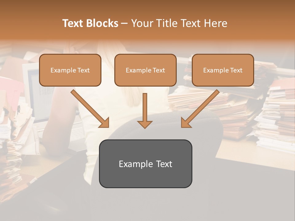 Businesswoman In Cubicle With Laptop And Stacks Of Files PowerPoint Template