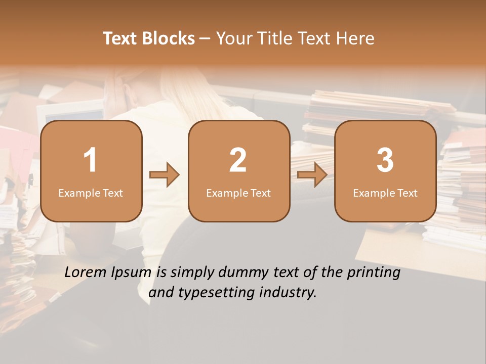 Businesswoman In Cubicle With Laptop And Stacks Of Files PowerPoint Template