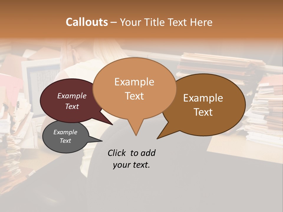 Businesswoman In Cubicle With Laptop And Stacks Of Files PowerPoint Template