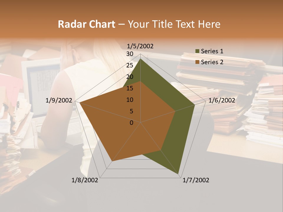 Businesswoman In Cubicle With Laptop And Stacks Of Files PowerPoint Template