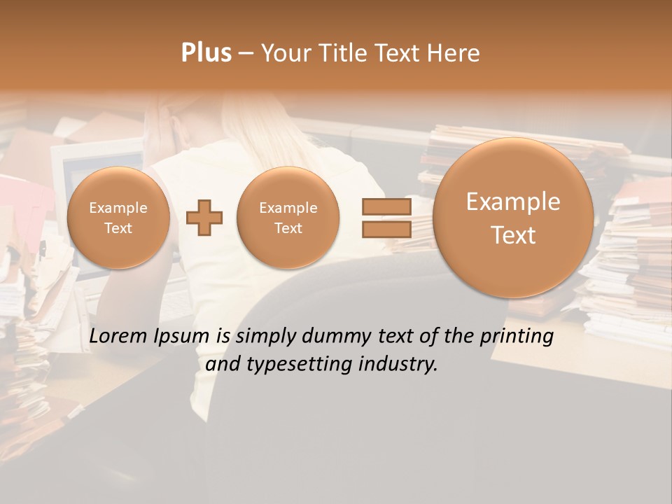 Businesswoman In Cubicle With Laptop And Stacks Of Files PowerPoint Template