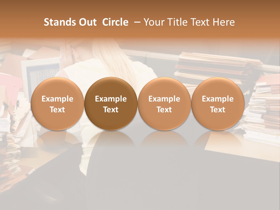 Businesswoman In Cubicle With Laptop And Stacks Of Files PowerPoint Template