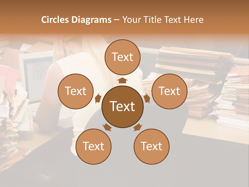 Businesswoman In Cubicle With Laptop And Stacks Of Files PowerPoint Template