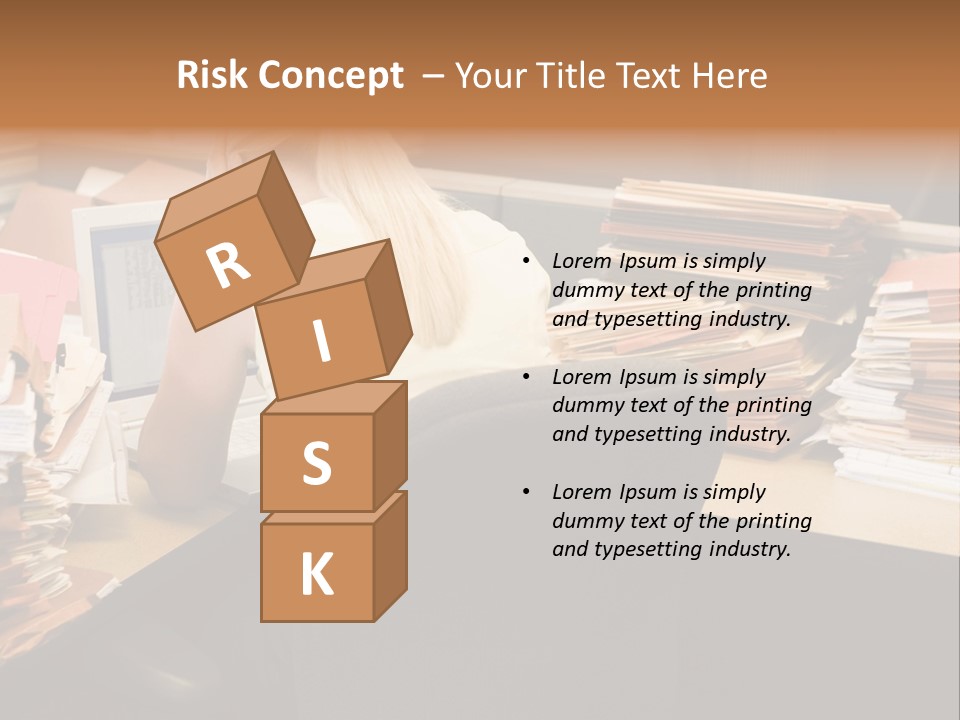 Businesswoman In Cubicle With Laptop And Stacks Of Files PowerPoint Template