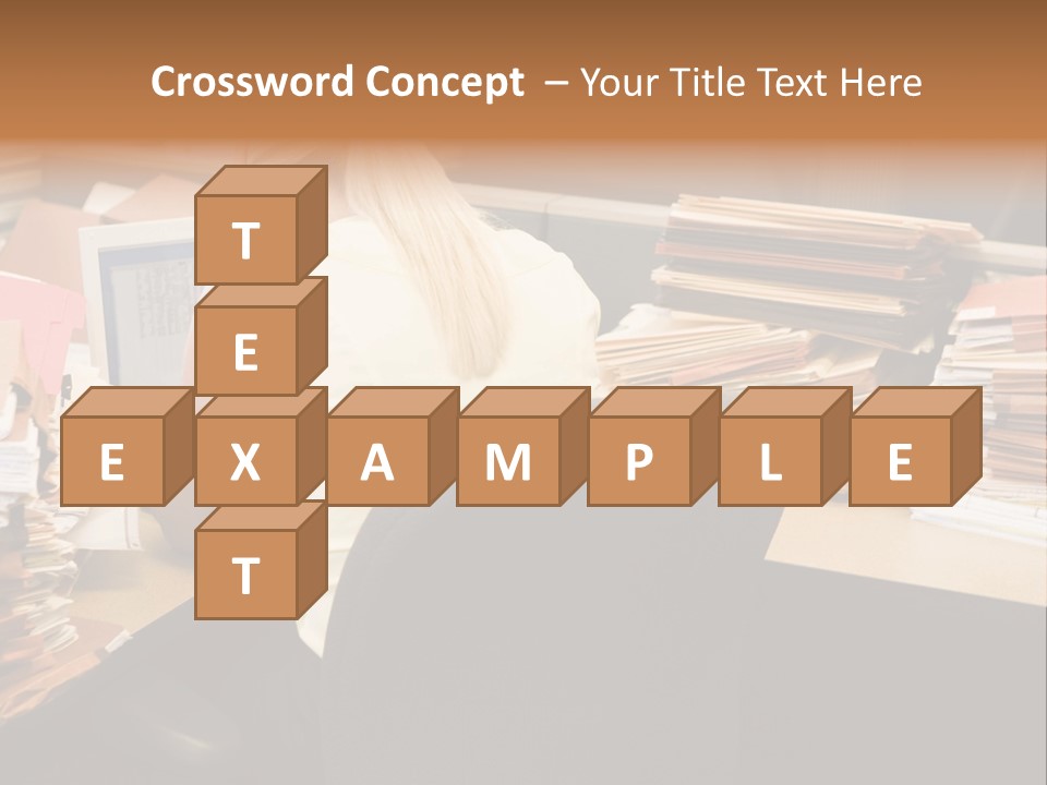 Businesswoman In Cubicle With Laptop And Stacks Of Files PowerPoint Template