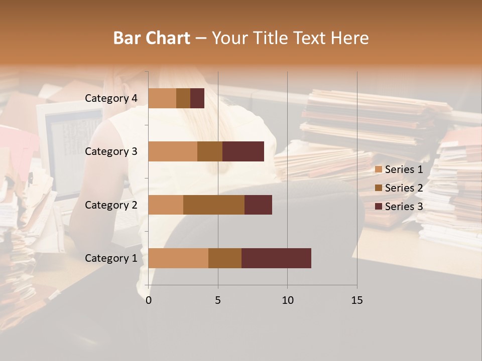 Businesswoman In Cubicle With Laptop And Stacks Of Files PowerPoint Template