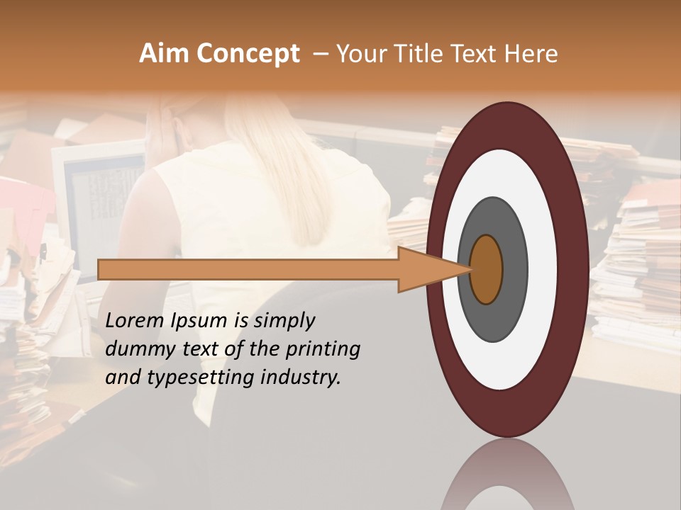 Businesswoman In Cubicle With Laptop And Stacks Of Files PowerPoint Template